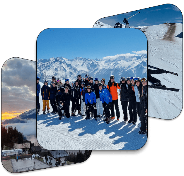 Tre billeder af elever på ski på efterskole
